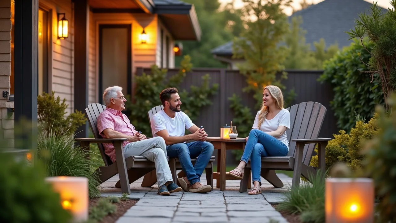 stylish front yard with home decor accents, seating area, pathway lighting, and lush landscaping