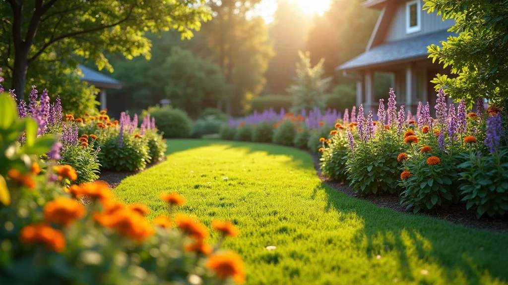 Vibrant backyard garden with balanced layout, lush greens, purples, and yellows—showcasing landscape design color theory basics under natural sunlight.