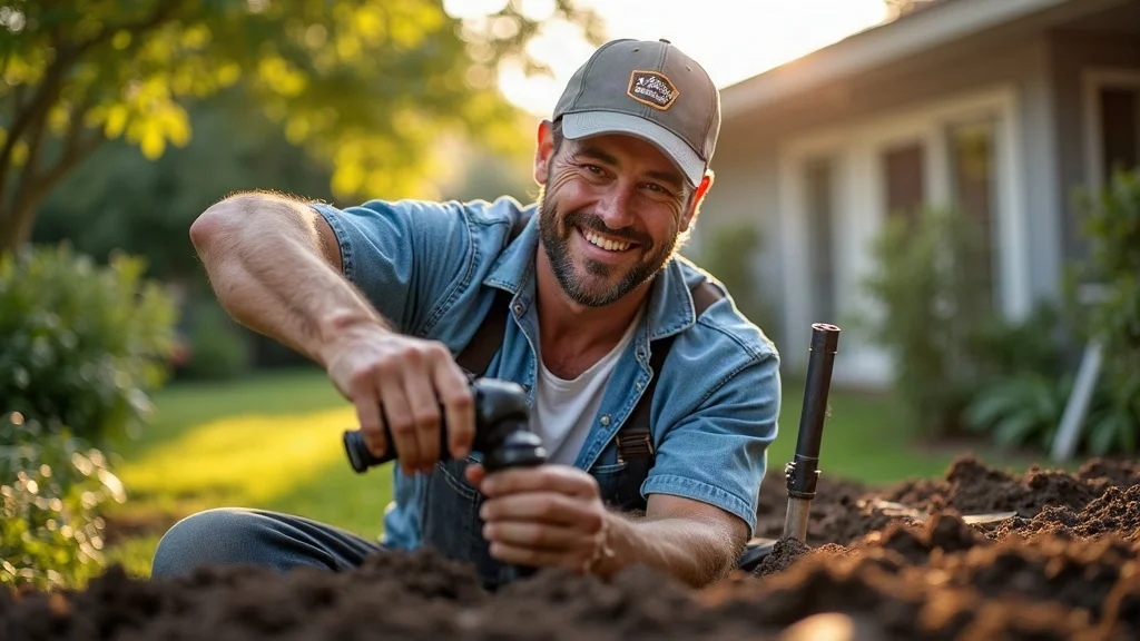 Portrait of skilled irrigation expert Jack Lantry installing a sprinkler head for residential irrigation service