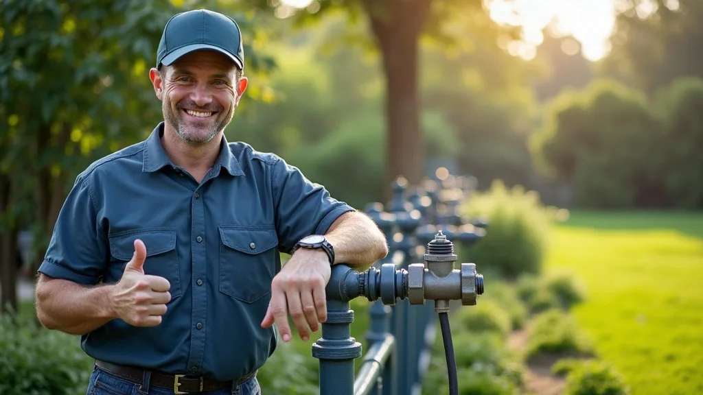 Certified landscape technician with company uniform beside irrigation manifold and plant beds.