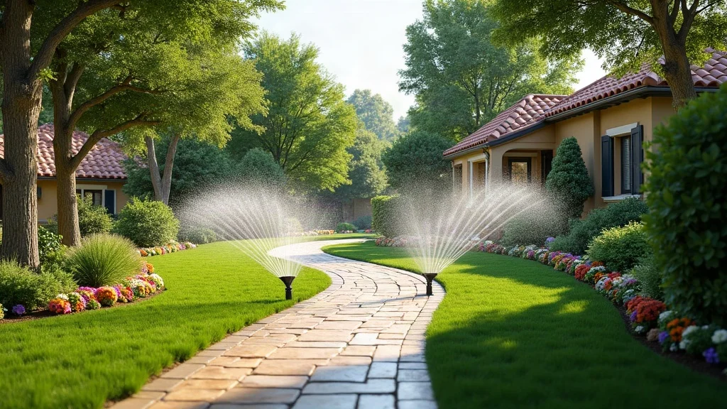 Beautiful residential landscape with integrated irrigation system, sprinkler heads, and stone pathways