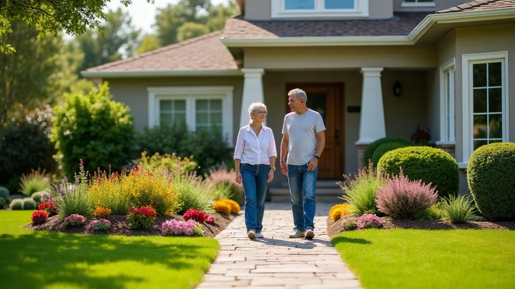 landscape design for front yard with colorful flower beds, manicured shrubs, and a stone pathway in a suburban neighborhood