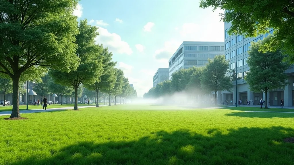 Commercial irrigation system in operation at a lush green business park landscape with multiple buildings, walkways, and visible irrigation spray.