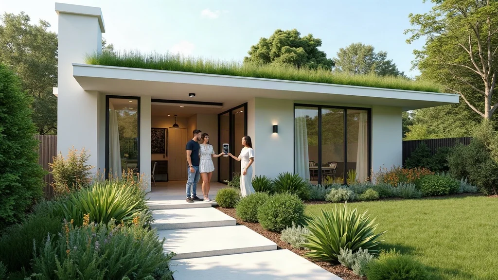 futuristic eco-friendly landscape design for front yard with smart irrigation and minimalist design elements