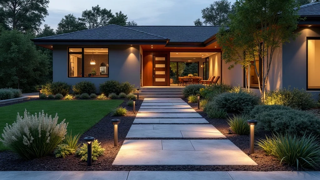 contemporary landscape design for front yard with stone pavers and integrated garden lighting