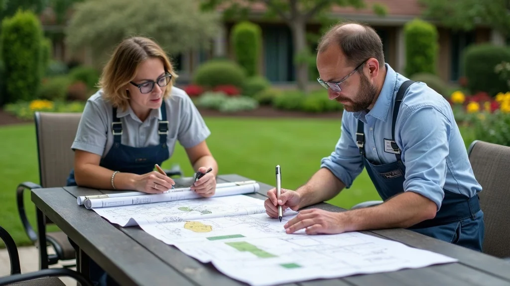 Professional irrigation technician mapping out a residential lawn sprinkler system plan for installation in Greenville