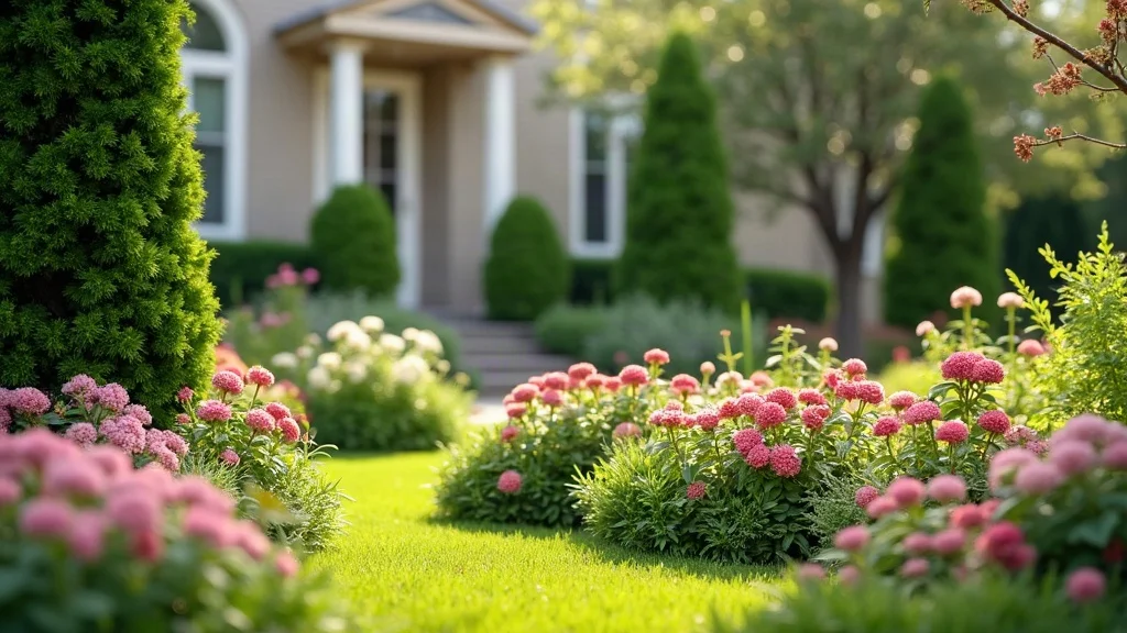 gardener arranging flowers and shrubs in groups of 3, 5, and 7 for landscape design for front yard
