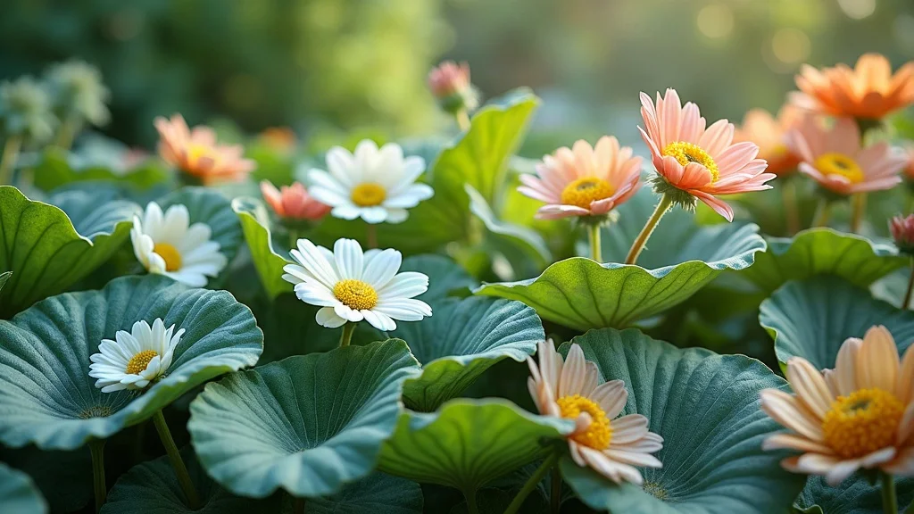 Close-up of garden textures—leaf shapes and multicolored petals illustrating landscape design color theory basics.