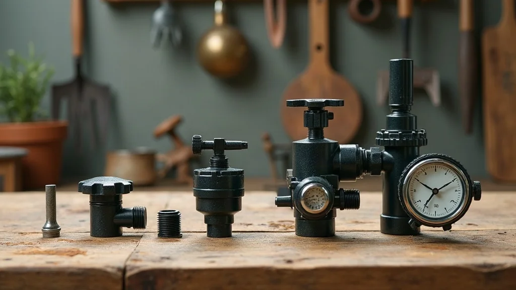 Photorealistic side-by-side comparison of irrigation system components, including drip line, sprinkler head, and control timer on a workbench.