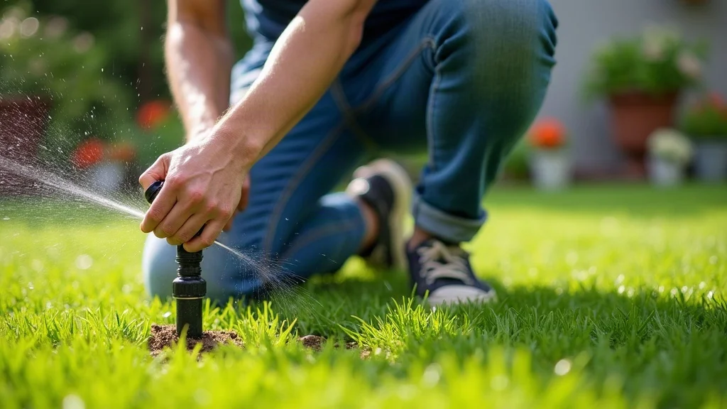 Homeowner inspecting and adjusting sprinkler heads for residential irrigation system maintenance on a green lawn