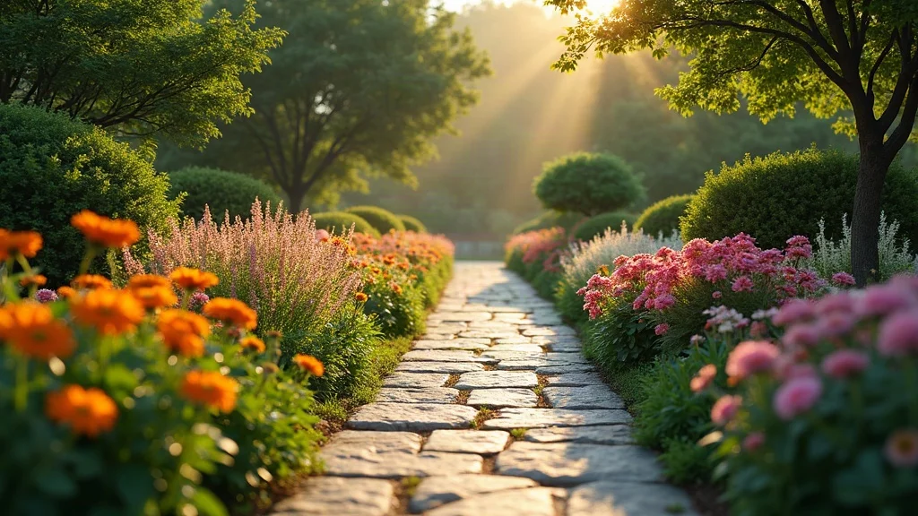 Serene garden pathway with colorful flowers, showcasing color harmony and the essentials of landscape design color theory basics.