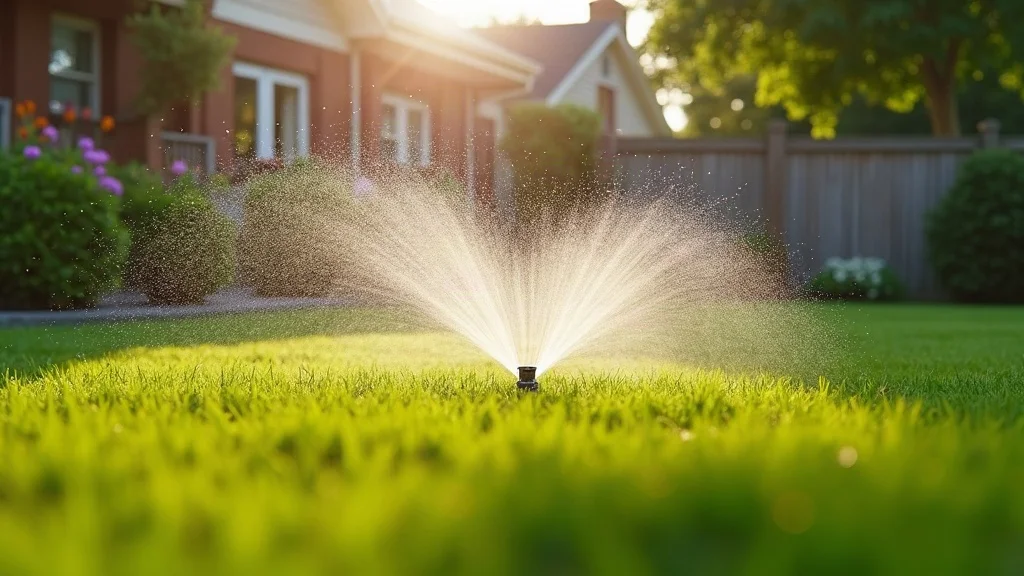 Vibrant green suburban lawn with a modern sprinkler system in action, residential irrigation service creating a beautiful lawn for a happy family
