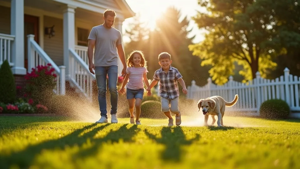 Residential irrigation system watering a suburban home’s front yard with family and children playing nearby.